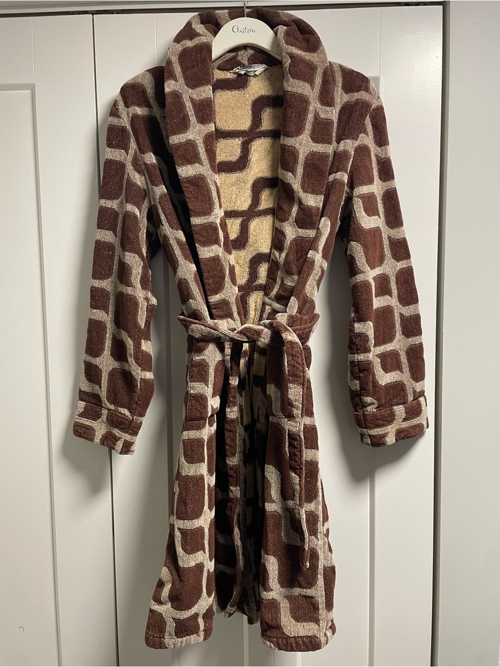 70s Vintage Van Heusen Retro Geometric Terry Cloth Robe Brown Beige Mens Medium